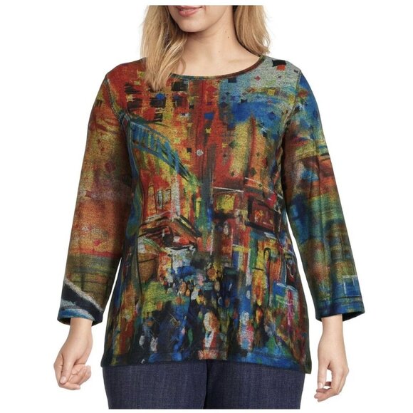 Ali Miles 2X Multicolor Watercolor City Scene 3/4 Sleeve Ultrasoft Fleece Tunic - Picture 1 of 7
